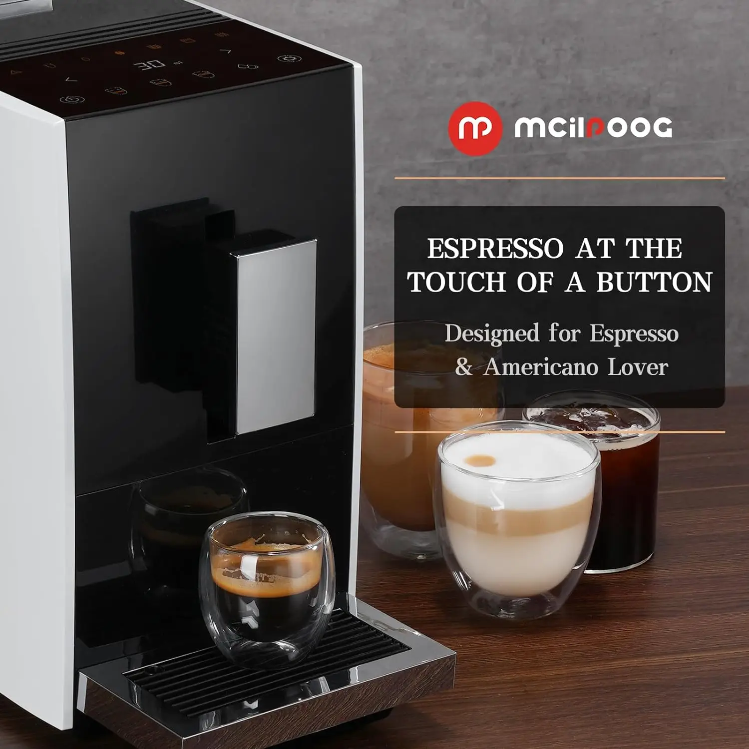 Mcilpoog CM01-B Fully Automatic Espresso Machine,Compact Coffee Maker with Grinder,  Touch Screen, 5 Flavors for Home and Office