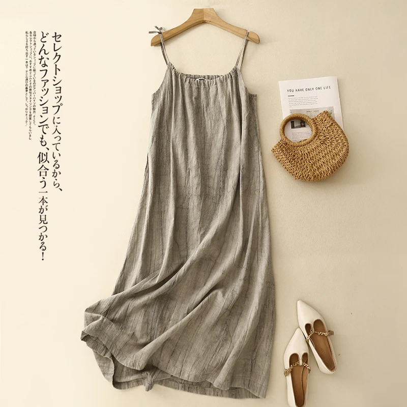 

Лето-Осеннее однотонное хлопково-льняное повседневное базовое платье на бретелях, элитное свободное длинное платье трапециевидной формы в винтажном стиле N930