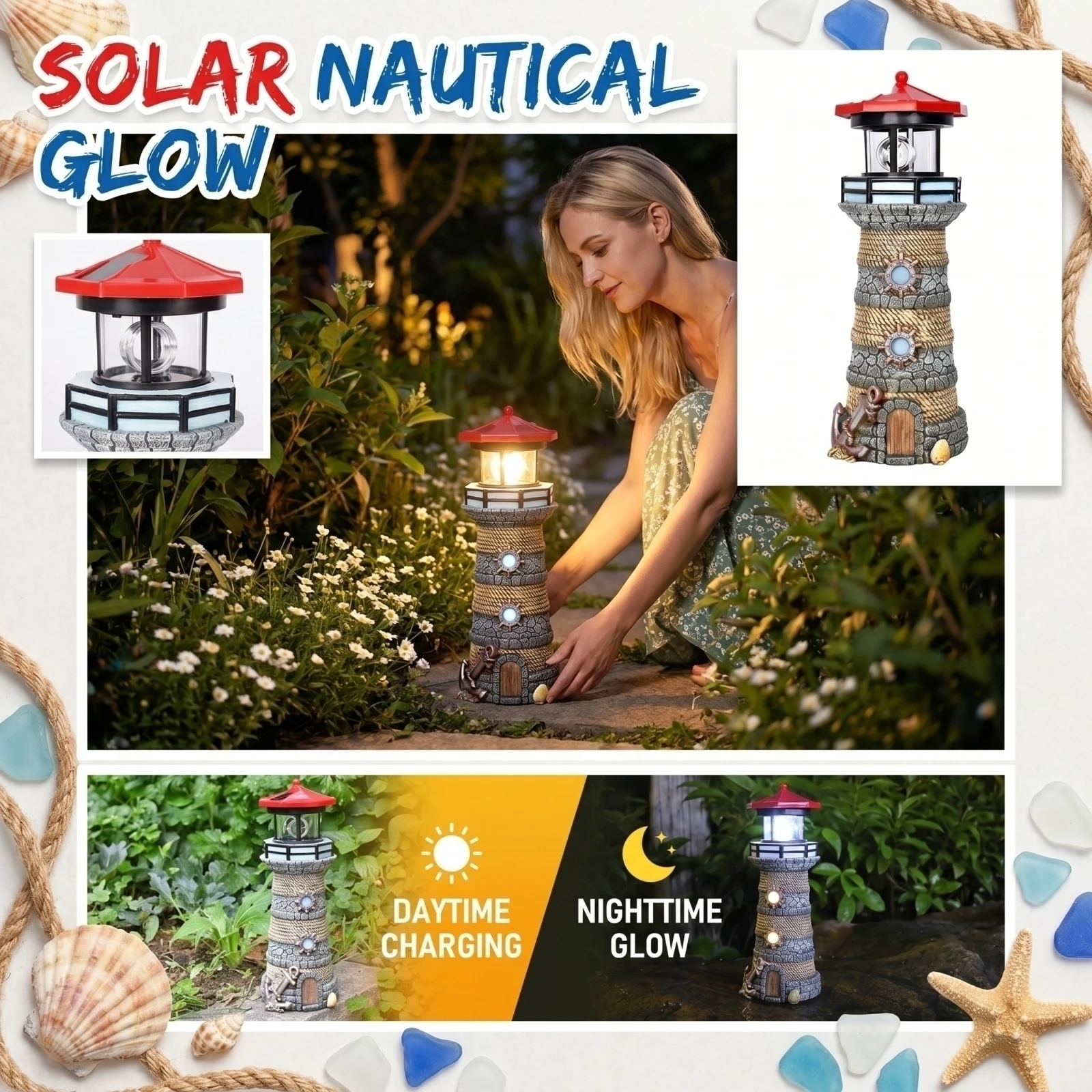 Solar Lighthouse Light Waterproof Rotating LED Outdoor Garden Yard Patio Decorative Landscape Ornament Night Lamp