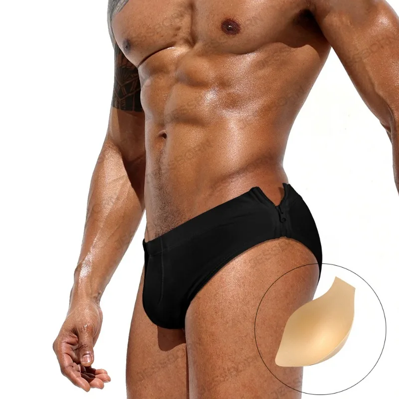 Summer Men Swimming Trunks Side Zipper Swimwear Sports Surf Beach Shorts Quick Dry Swim Brief Boxer Bathing Suits Beachwear