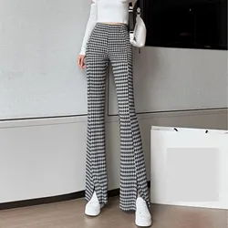 Women's Checkered Striped Elastic High Waisted Pockets for Casual Elegant Spring Autumn Boot Cut Flare Trousers Cropped Pants