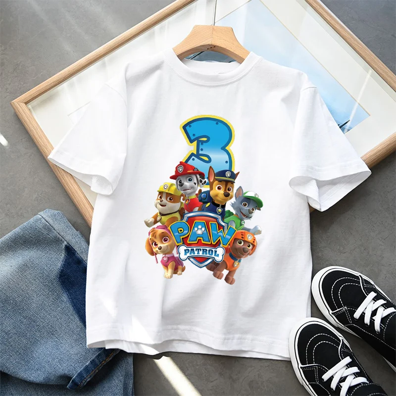 Paw Patrol Kinder T-shirt Leuke Zomer Katoenen Trui Verjaardag Nummer Top Kawaii Jongen Meisje Chase Skye Gedrukt Casual Kleding Geschenken