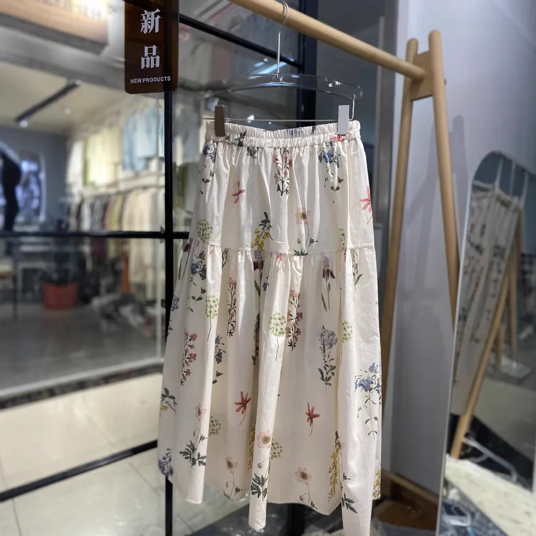 CLAYMIX 2025 Floral Elastic Waist Midi Skirt For Women's Spring Summer A Line Skirt
