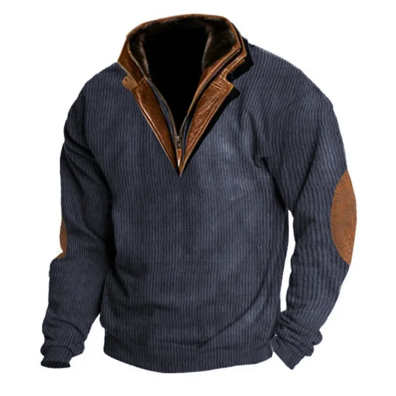 2024 Spring Fashion Sweatshirt For Men Long Sleeve Patchwork Leather Lapel Hoodie Corduroy Sweatshirts Mens Vintage Loose Tops