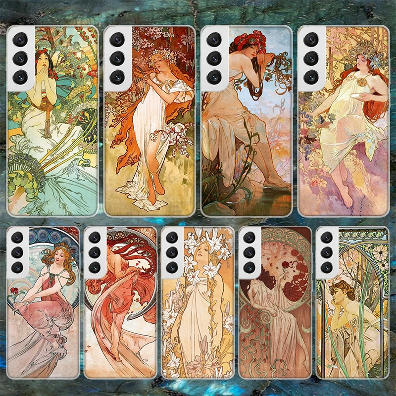 Alfons Mucha Primavera Soft Phone Case For Samsung Galaxy S23 S22 Ultra S21 Plus S20 FE S10 Lite S9 S8 + S10E S7 Edge Pattern Ca