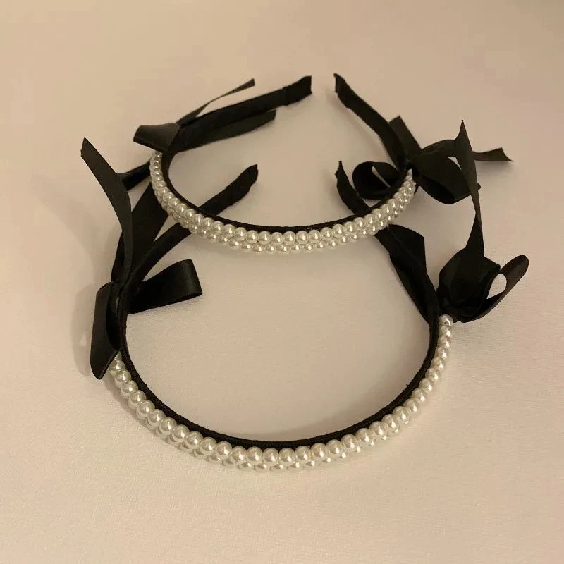 Vintage French Pearls Bow Hair Band For Women Girls Headband Korean Elegant Black Classic Hair Hoop Hair Accessories