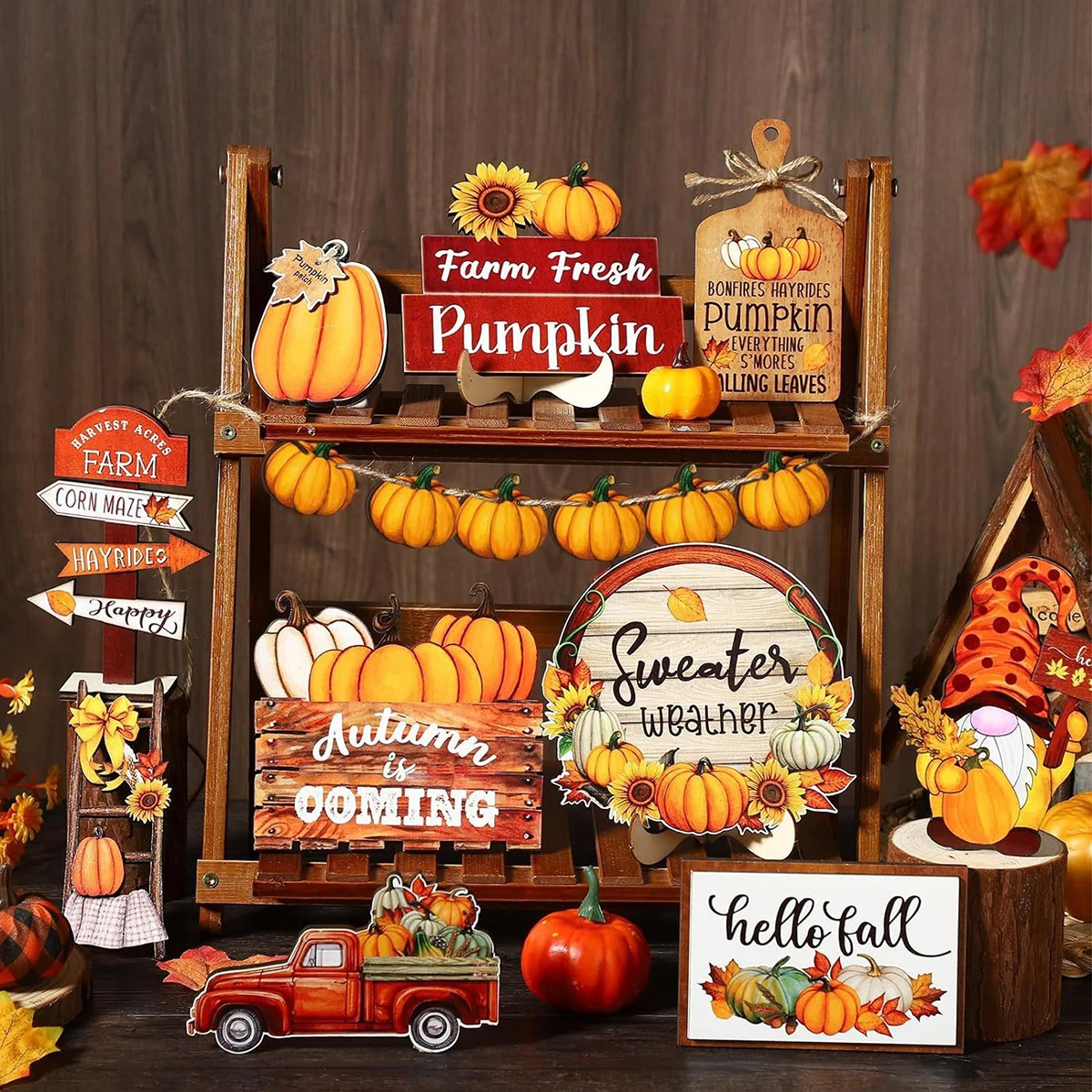 16PCS Wooden Tiered Tray Decorations Autumn Holiday Thanksgiving Party Tabletop Decor,Rustic Welcome Pumpkin Mini Wooden Sign