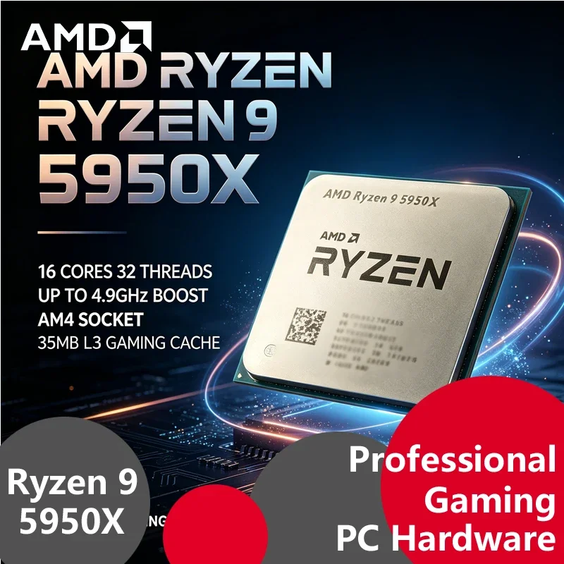 AMD Ryzen 9 5950X Zen3 AM4 Tray CPU, 16C32T, 4.9GHz Max Boost, 72MB Cache, 105W, Unboxed No Stock Cooler For Desktop PC Builds