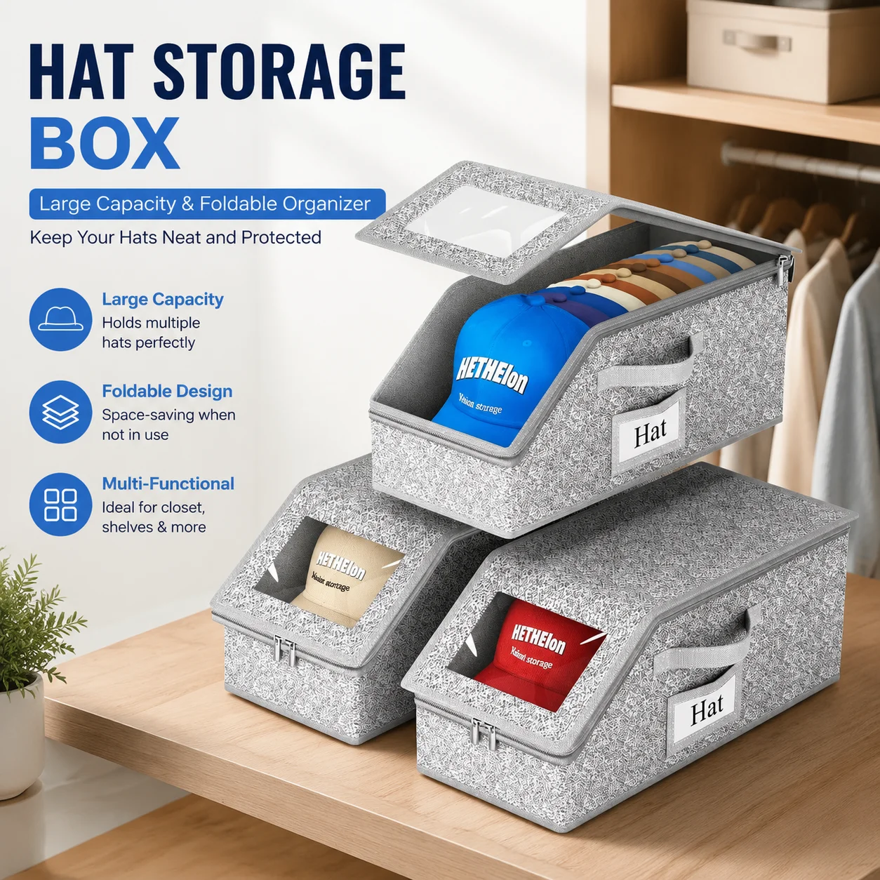 Hat Storage Box, Large Capacity Foldable Organizer for Baseball Caps, Multi-Functional Closet Accessory
