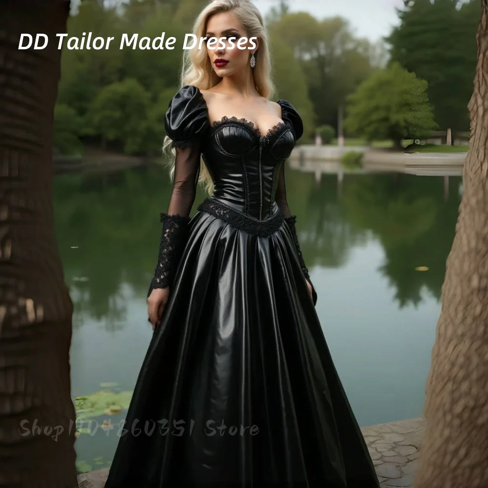 

Shiny PU Leather Evening Dress Long Puff Sleeves A-Line Vintage Victorian Black Prom Gown Women Formal Occasion Wear Customized