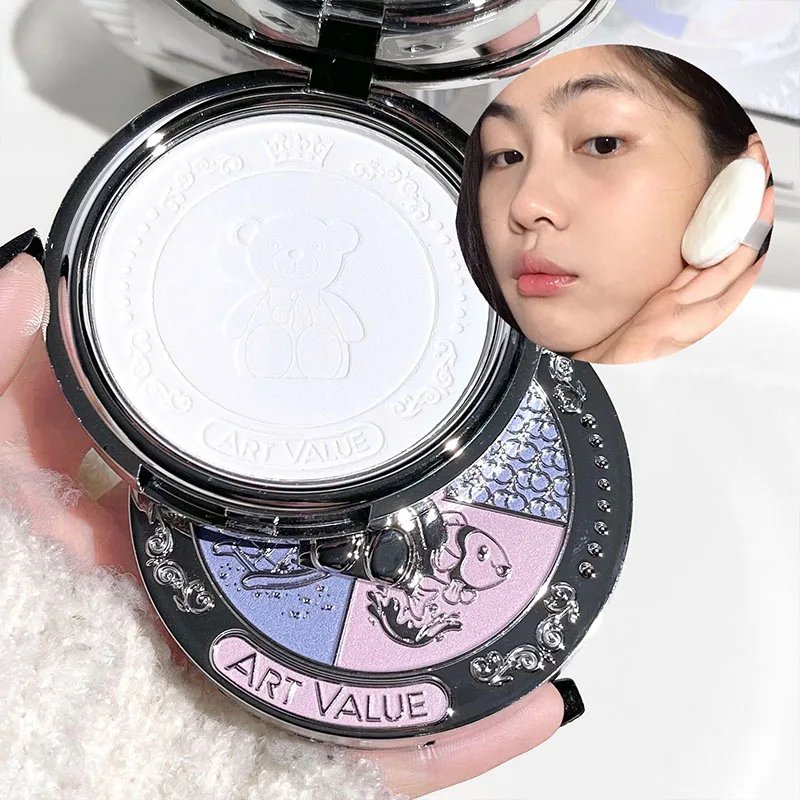 ART VALUE Little Bear Rider Pressed Powder Soft Focus Matte Oil Control Face Powder Long Lasting Concealer Setting Makeup