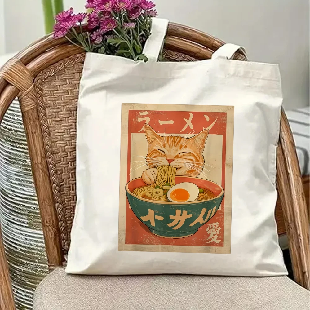 Cute Japanese Ramen Cat Canvas Tote Bag Vintage Kawaii Anime Noodle Shoulder Handbag Aesthetic Shopping Grocery Book Bag