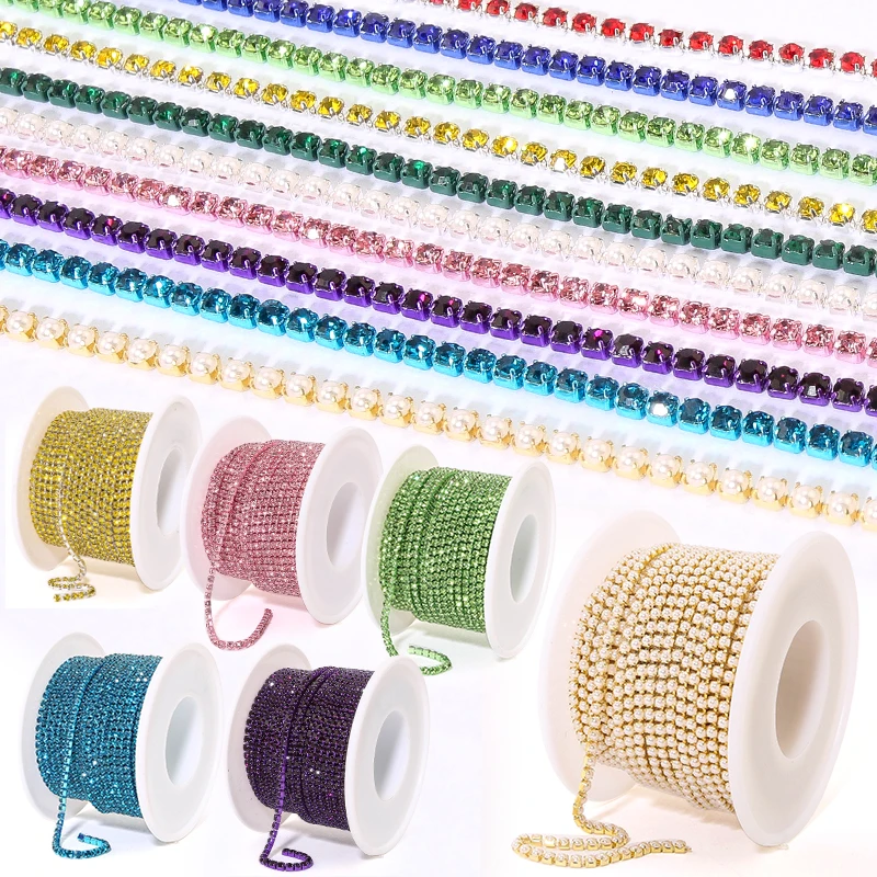 2yards Colorful Rhinestones Trims Glitter Crystal Chain Shiny Gems Stone Diamond Trimming Dress Garment Rhinestones Decorations