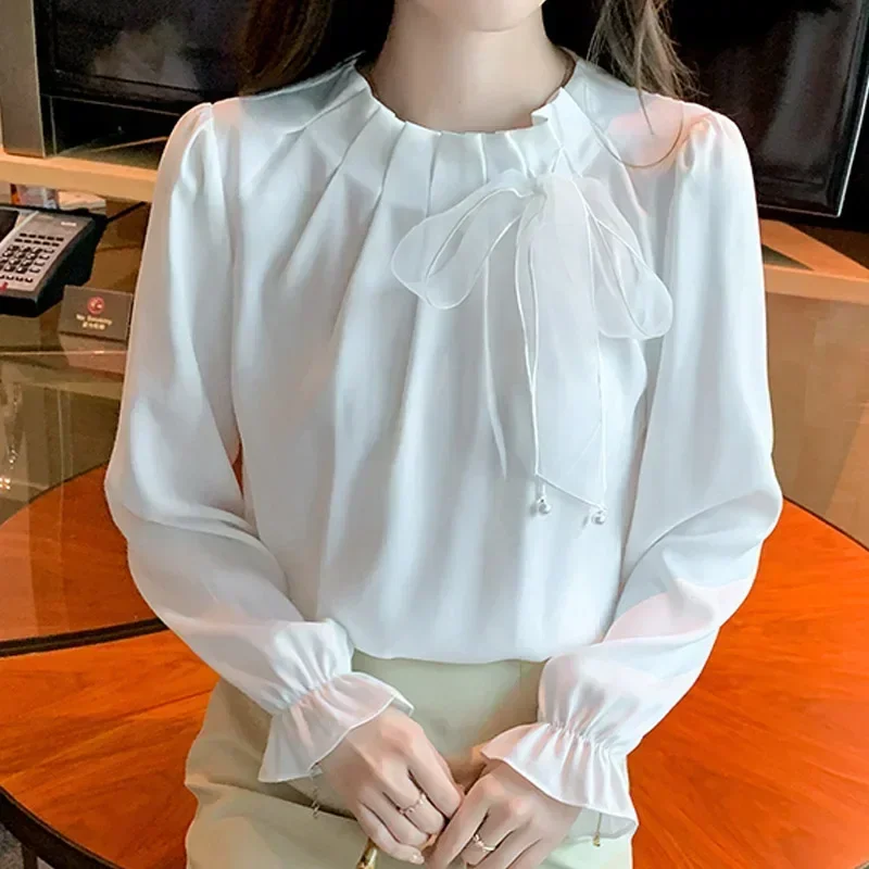

2025 Office Lady New Long Sleeve O-Neck Women Blouse White Chiffon Elegant Blouse Shirt Women Tops Blusas De Mujer Camisas N665