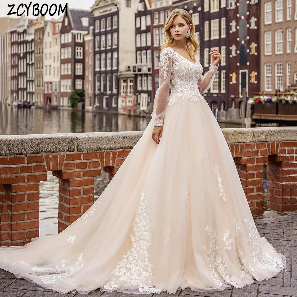 

Customized V-Neck Appliques Long Sleeves Wedding Dress 2025 A-Line Floor Length Sweep Train Custom Made Zipper Bridal Gown