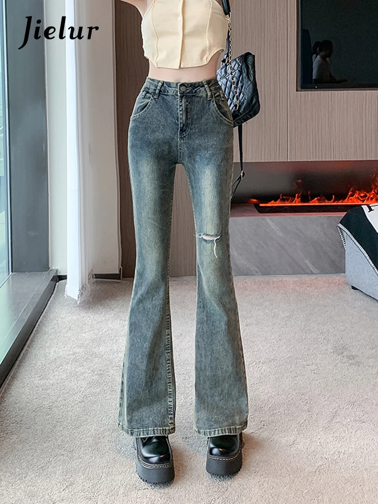 Jielur Zomer Nieuwe Vintage Amerikaanse Dames Jeans Gaten Hoge Taille Slim Mode Jeans Vrouw Blauwe Straatbasis Chique Broek Dames