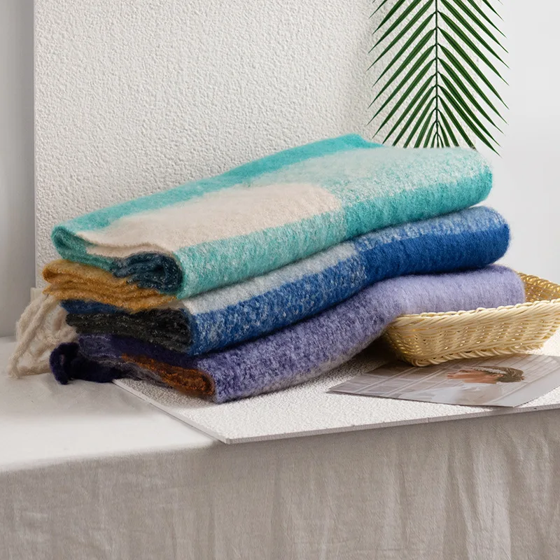 Шарф в клетку из мохера с элитным ощущением для женщин на осень и зиму. Пушистый и большой шарф для волос для пар. Шаль.