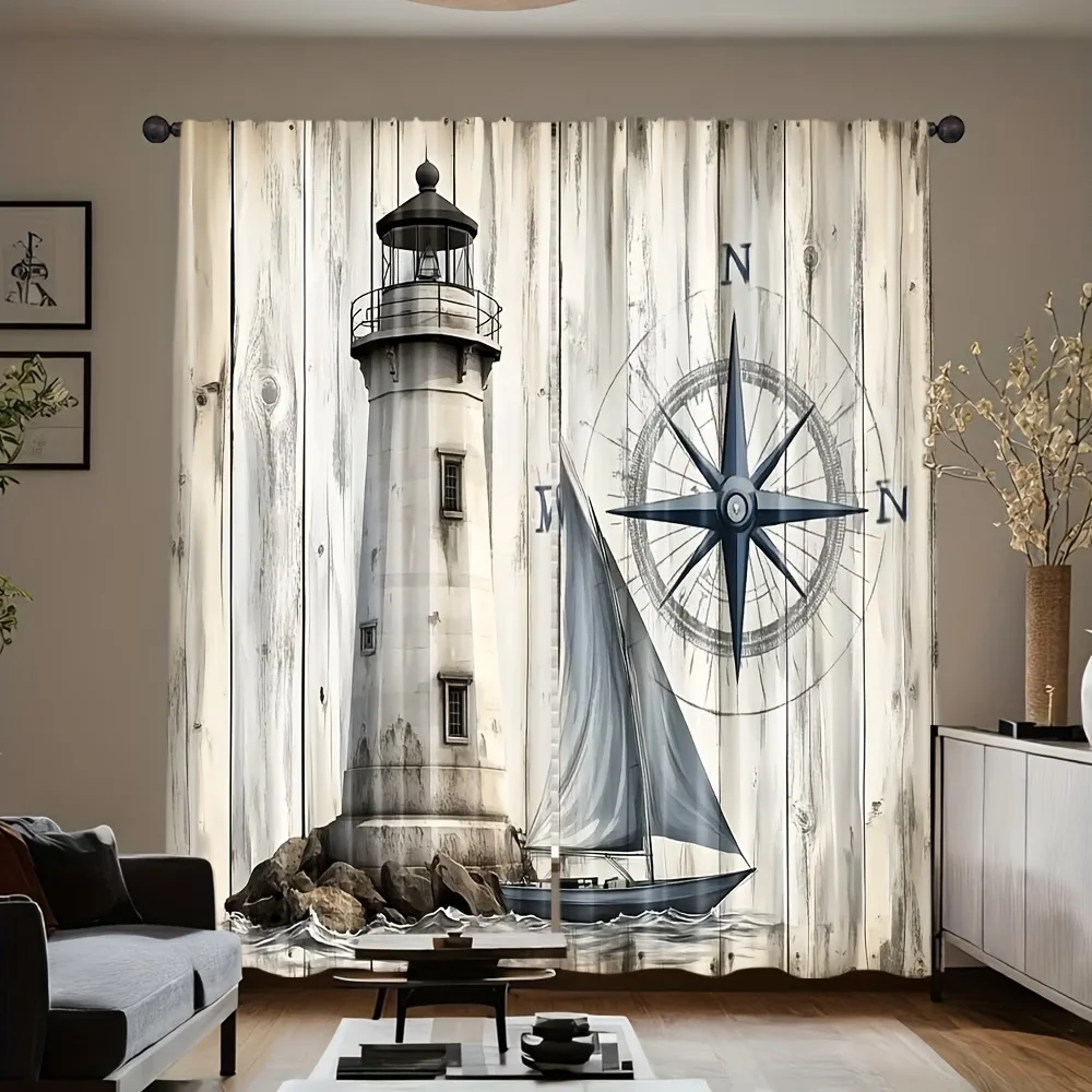 2PCS Digital Printed Curtains, Island Lighthouse Nautical Ocean Coastal, Window Curtains for Living Room Bedroom Home Decoration