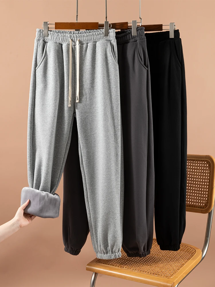 Women's Fleece Lined Thickened Casual Pants Drawstring Sweatshirt Matched Loose Long Trousers Pure Color Cuffed Polyester Fiber
