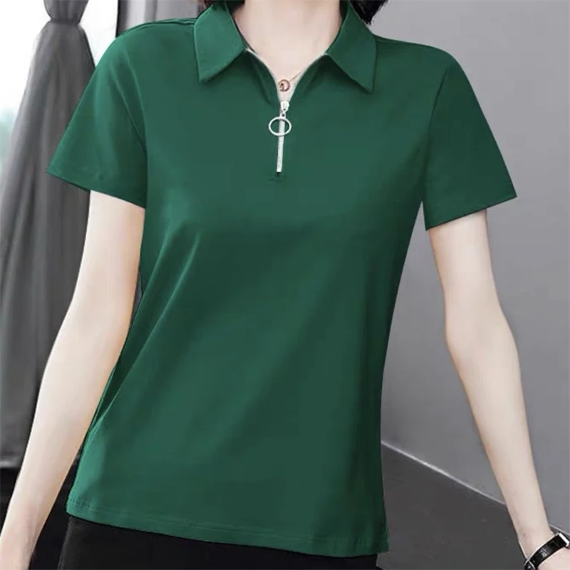 Women Simple Casual Half Zipper Tees Solid Loose Polo Collar T-shirt 2024 Summer Korean Short Sleeve Pullover Tops Ropa De Mujer