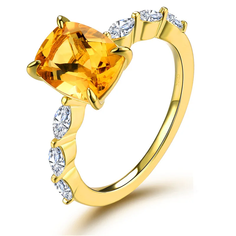 

Natural Citrine 925 Sterling Silver Wedding Rings Genuine Girl Gifts Fine Women Girl Anniversary Gift