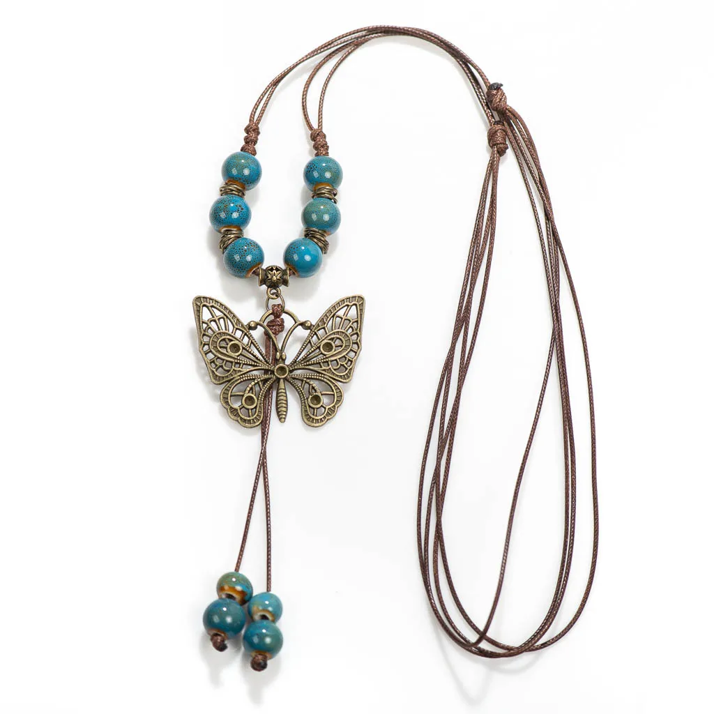 Bohemian Vintage Butterfly Necklace, Ceramic Beads, Adjustable Pendant, DIY Gift, Drop Shipping, XPF001