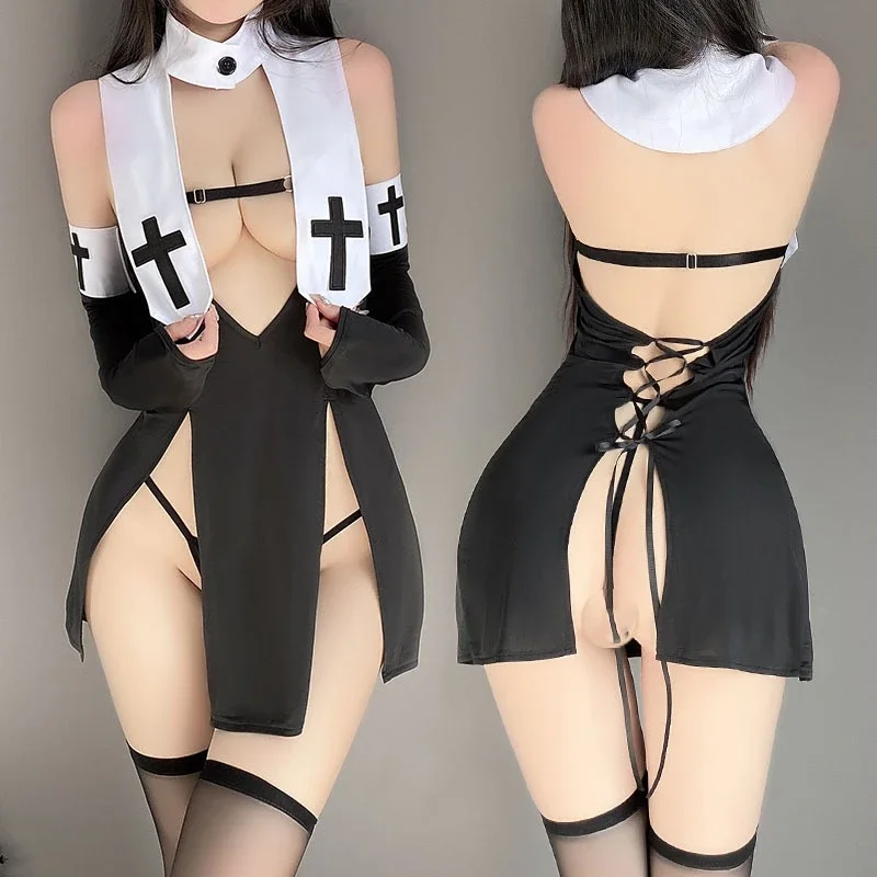 

2025 Ensemble de lingerie sexy une pièce, jupe fendue évidée, bandage à lacets amusant, uniforme de nonne