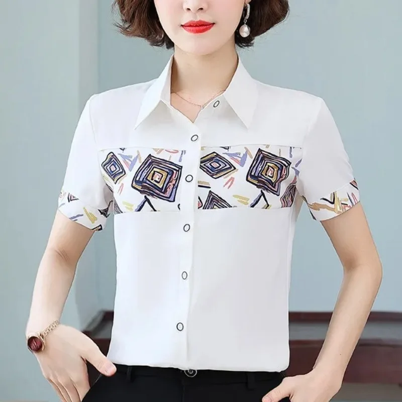 

Women's Summer Short Sleeve Turn-down Collar Button Chiffon Patchwork Geometric Printing Shirt Commute Contrast Color Tops