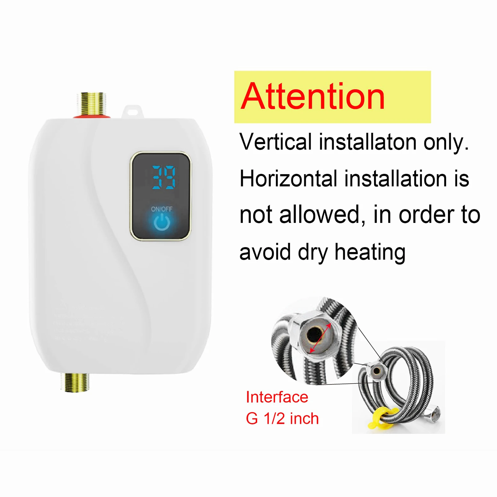 Instant Electric Water Heater 3500W Household Mini Tankless Water Heater with LCD Display for Shower Bathroom Kitchen Use