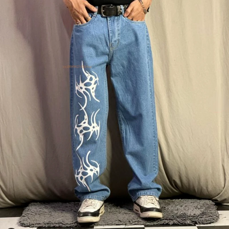 Tide Printed Jeans Men and Women American Retro Blue Washed Casual Jeans Ins Net Red Design Street Style Loose Straight Pants