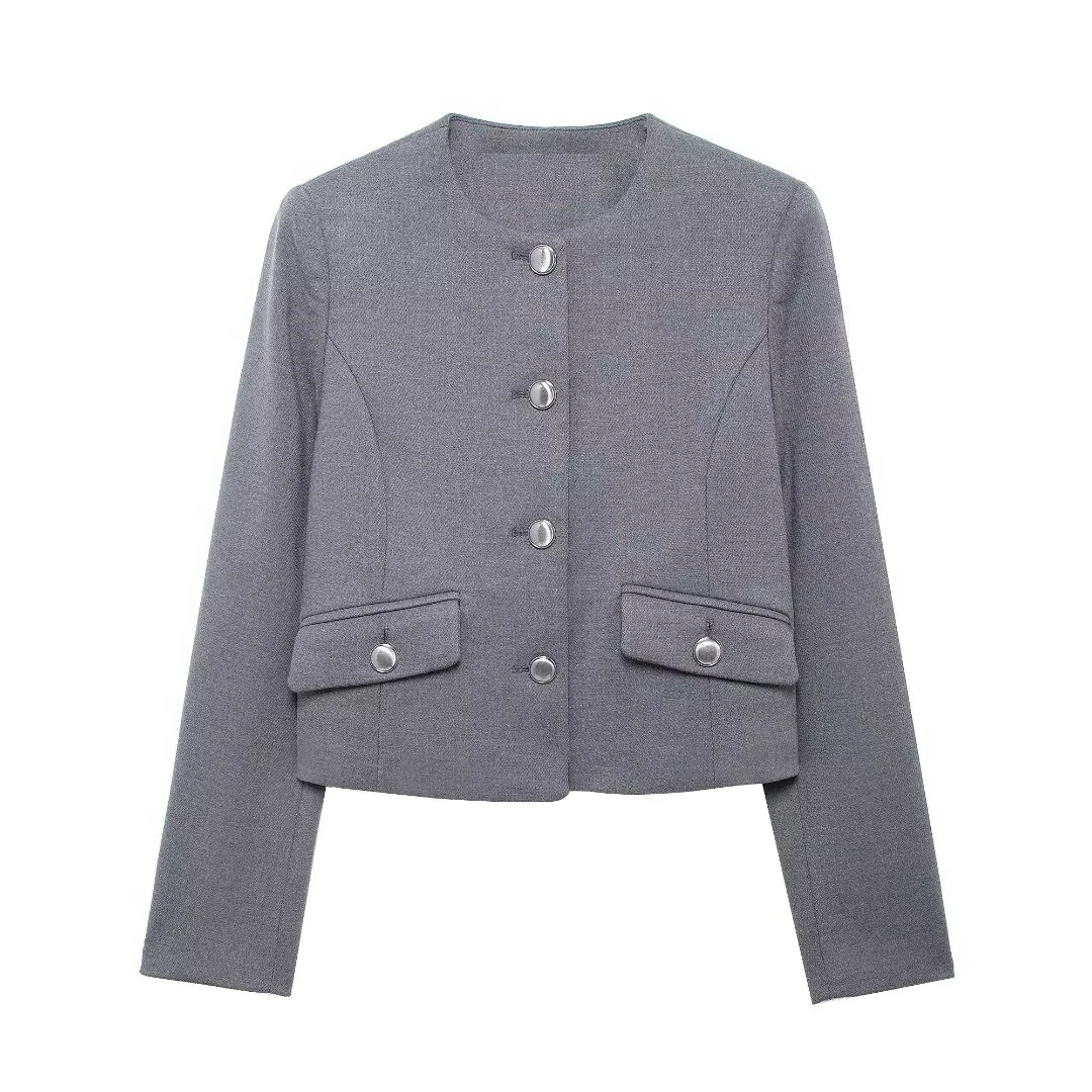 Tangada 2024 New Women Gray Blazer Jacket Long Sleeve Female Cropped Coat BE0253