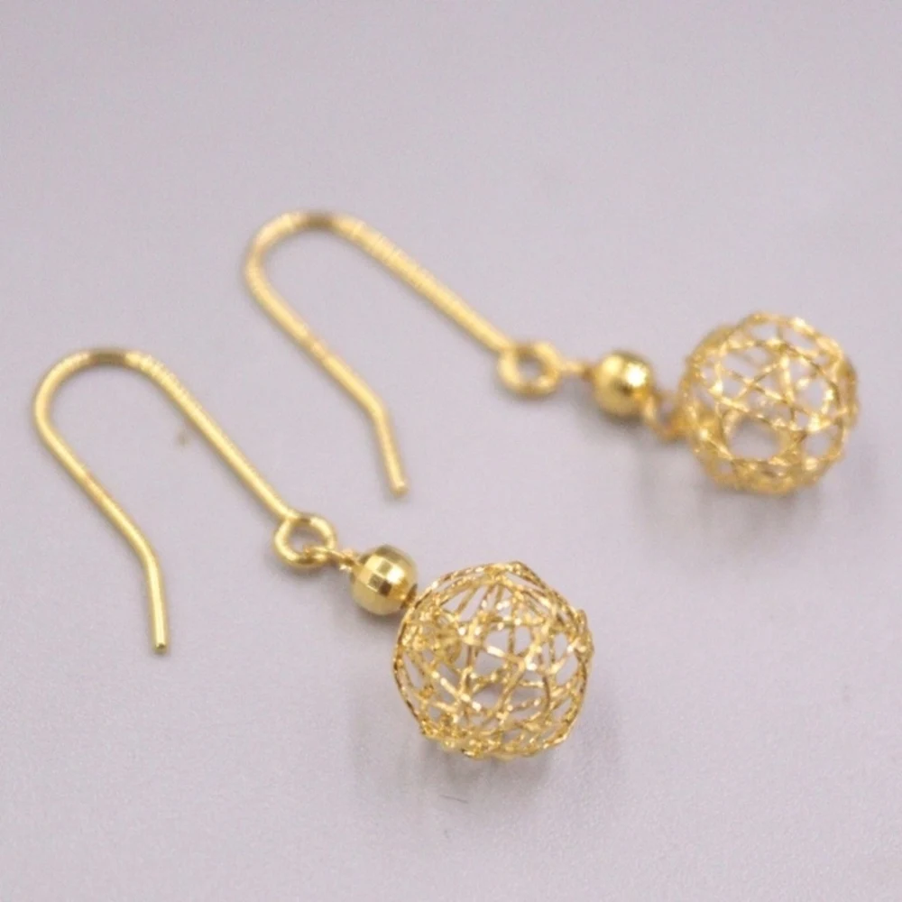 Real Pure 18K Yellow Gold Women Gift Lucky Hollow Ball Dangle Earrings 1.17g