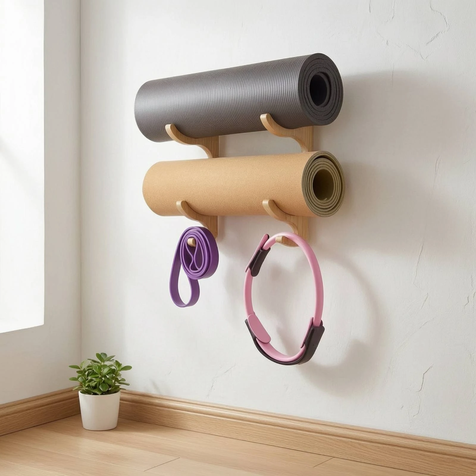 Fitness Mat Rack with Hooks Wooden Fitness Mat Holder with Hooks Gym Accessory Organizer Space-Saving Easy to Install for Yogi view 3
