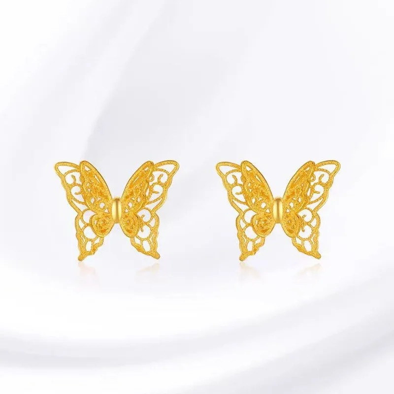 KISS & FLOWER-pendientes de tuerca de mariposa Vintage para mujer, joyería fina, venta al por mayor, fiesta de boda, novia, regalo ER442, oro de 24KT