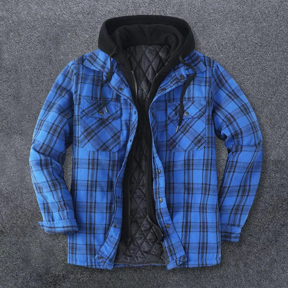 

Hooded Men Jacket Plaid Print Hooded Men's Winter Jacket with Drawstring Pockets Zipper Closure Stylish Warm Versatile Hooded