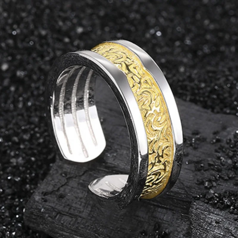 S925 Sterling Silver Rings for Women New Fashion Contrast Colored Relief Eternal Rattan Pattern Punk Jewelry