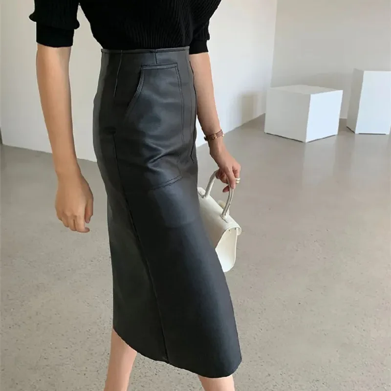 Women High Cut Fashion PU Leather Skirts 2024 America And Europe Sexy Zipper Fly Pencil Bodycon Lady Slim Faux Leather Outfits