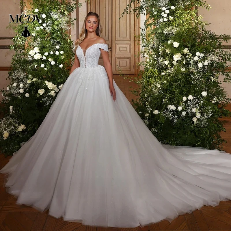 

MCDV Ball Gown Wedding Dresses for Women Bride Custom Deep V Neck Off The Shoulder Sequined Applique Court Train Bridal Dresses