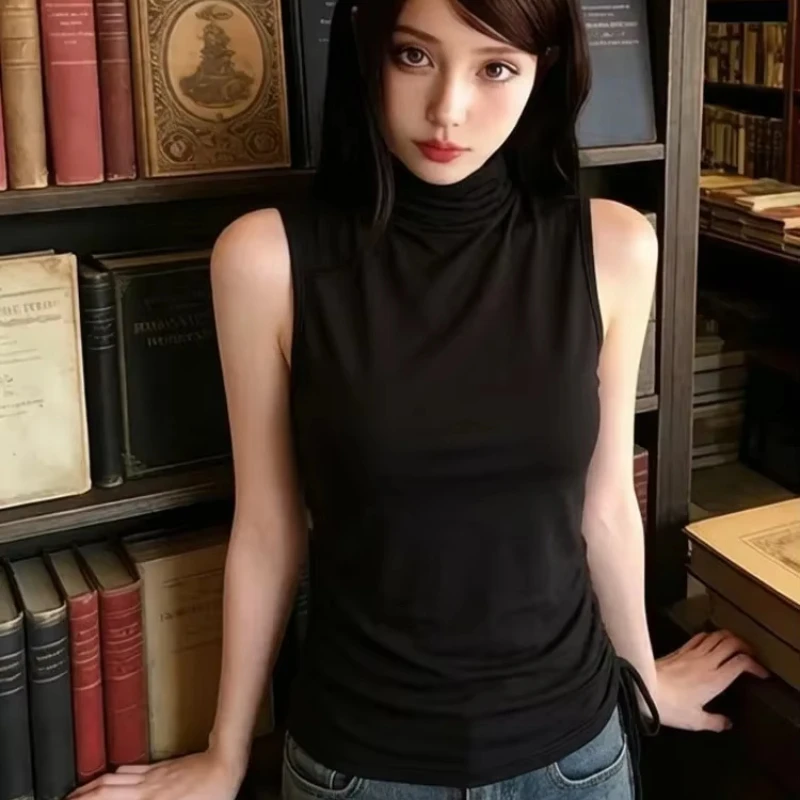 Y2K Temperament Ladies' Sleeveless High Neck Base Shirt Punk Style Gothic Side Drawstring Pleated Slim Fit Street Style Layering