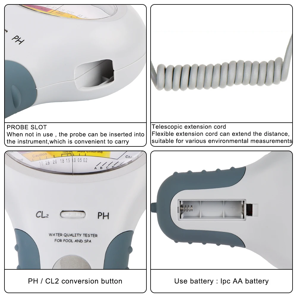 Probador de PH de PC-102, dispositivo de prueba de calidad del agua, probador de cloro CL2, medición 2 en 1 para piscina, SPA, medidor de cloro de PH de agua