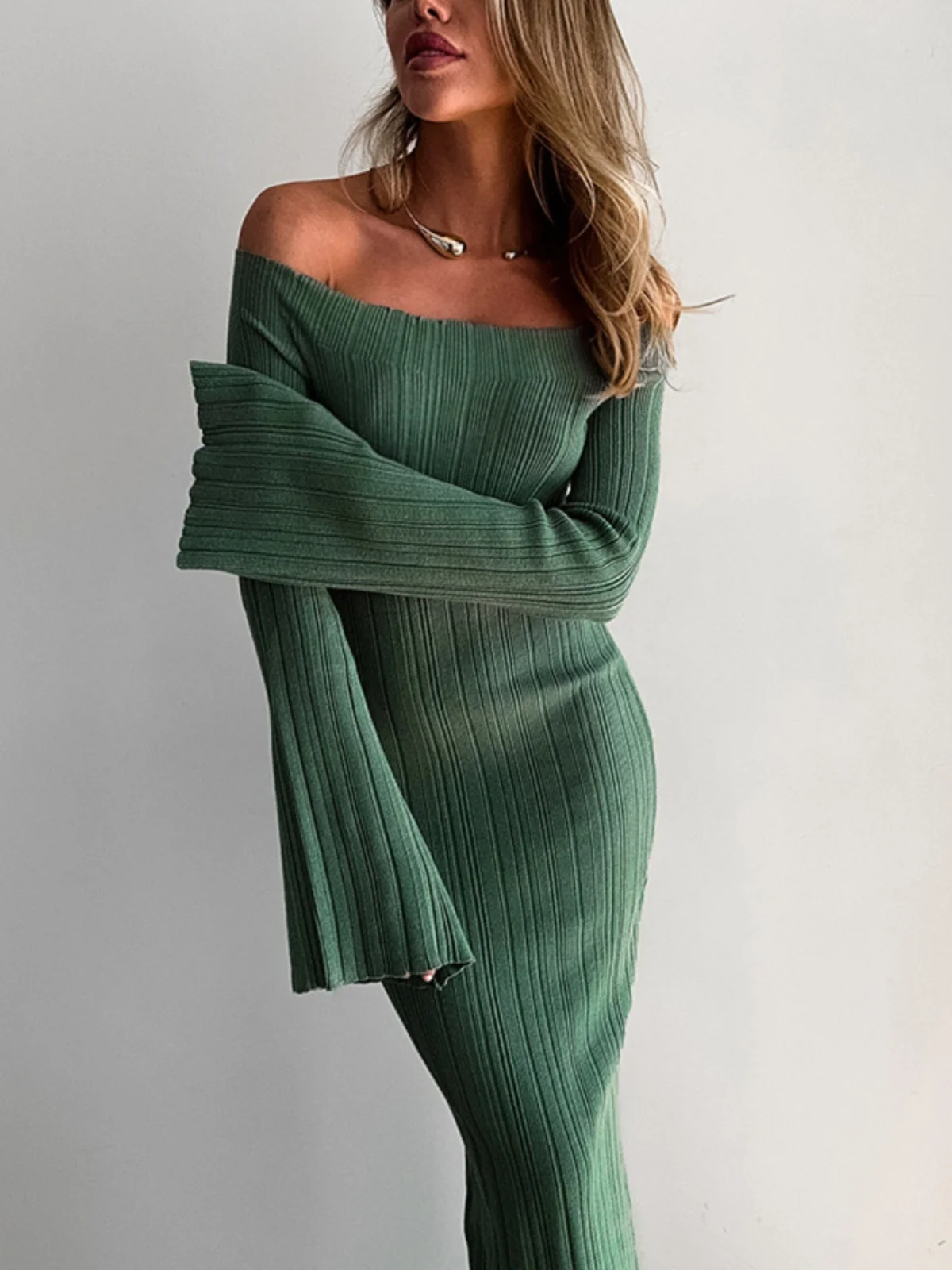 Slim Fit Long Sve One oulder Dr taille haute jupe trapèze tissu Polyester basique Sle saison d'automne pièce unique