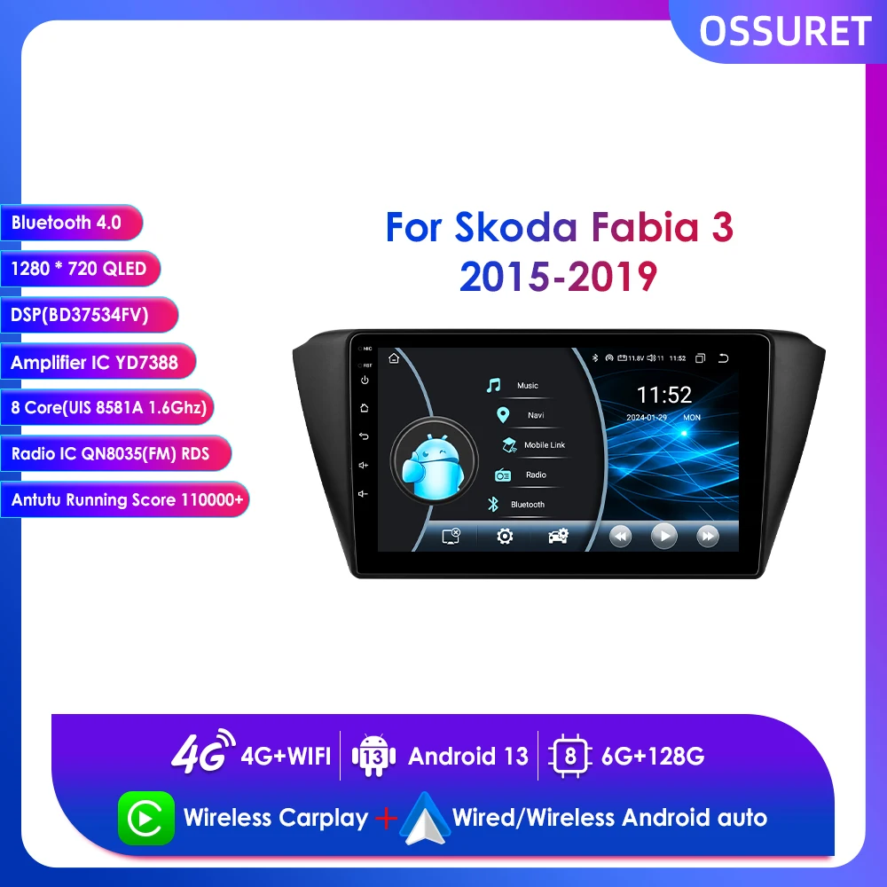 

Android 13 Car Radio Multimedia Player for Skoda Fabia 3 Ⅲ 2015 - 2019 Wireless Carplay Navigation GPS DSP 9" BT 4G Stereo 2 Din