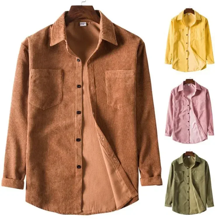 Mens Western Corduroy เสื้อแขนยาวลําลองปุ่มลงเสื้อแจ็คเก็ตเสื้อแขนยาวผู้ชาย Ribbed ฤดูใบไม้ร่วงเสื้อ Chemise สีม่วง