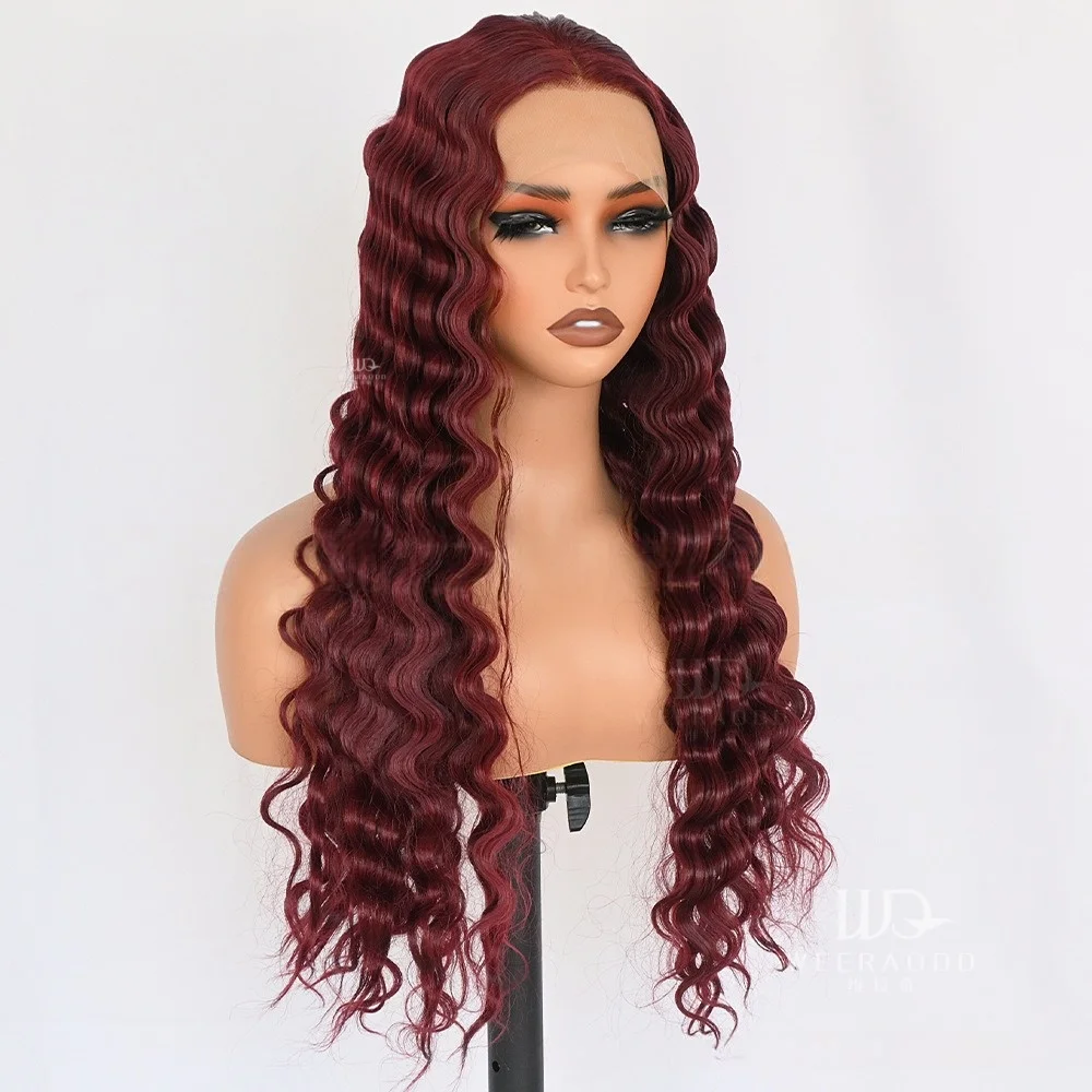 28 Inch Deep Wave Dark Red Lace Front Wig for Women 13x4 Lace Frontal Glueless Heat Resistant Synthetic Burgundy Cosplay Wig