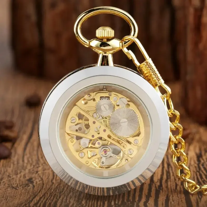 Vintage Golden Open Face Design Handwinding Mechanical Pocket Watch for Men Women with Pendant FOB Chain Luminous Hands Clock