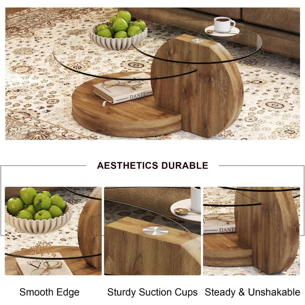 Modern Round Tempered Glass Coffee Table, Three-layer Round Wooden Coffee Table, Transparent Cocktail Table with Storage