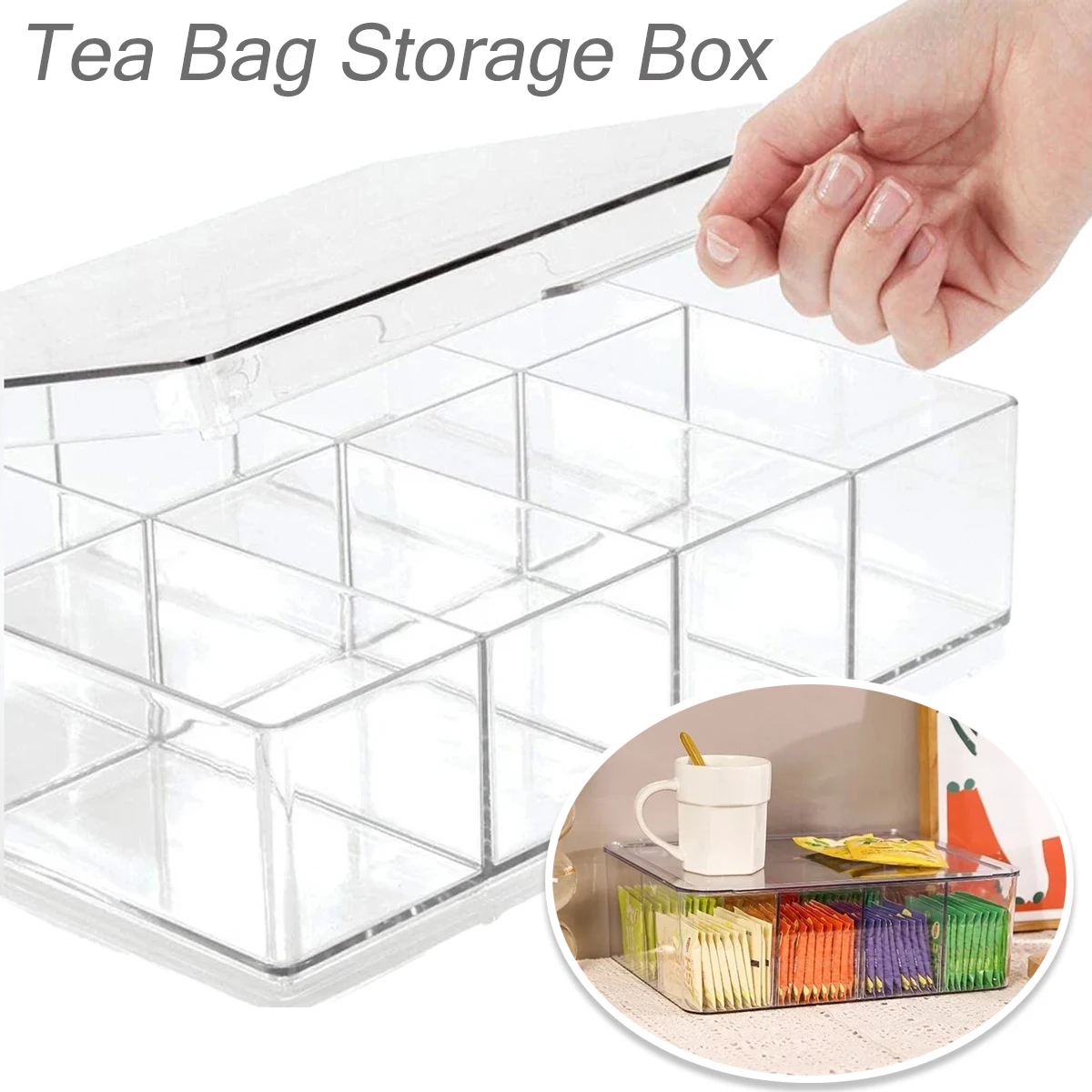 

1PC Plastic Tea Bag Storage Box with Lid Living Room Multi-functional Display Box Detachable Grids Dust-proof Jewelry Accessorie
