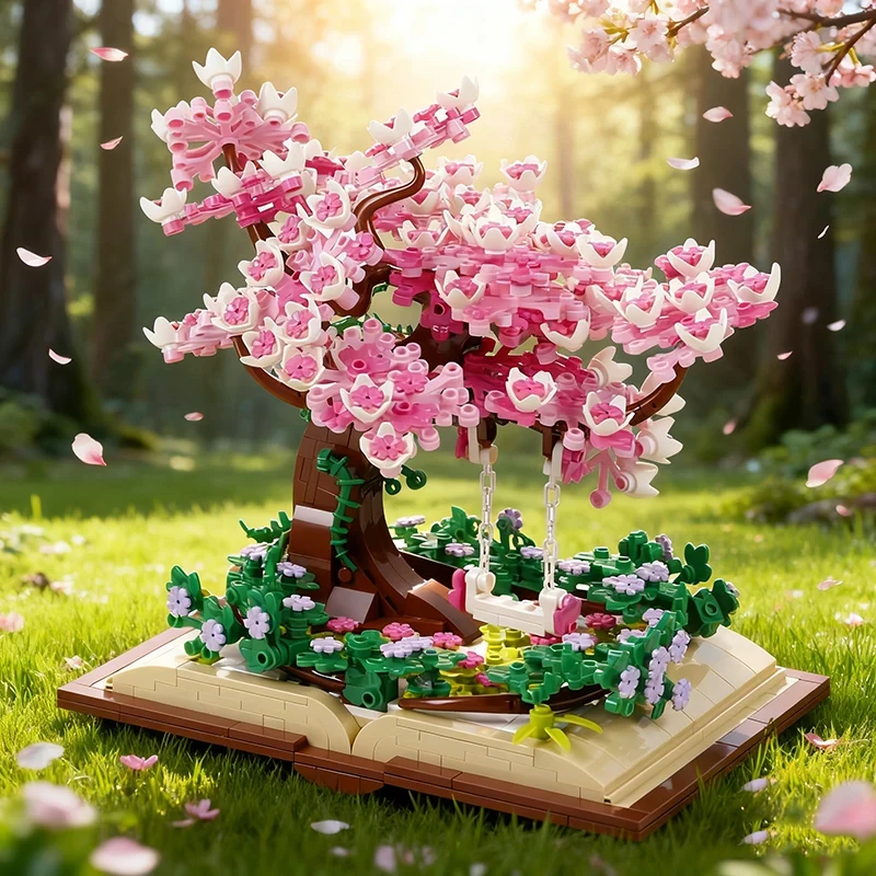 Bloques de construcción románticos de flor de cerezo, árbol rosa, árbol de Sakura, modelo de casa, decoración de escritorio, juguetes, regalo para niños, niñas y adultos