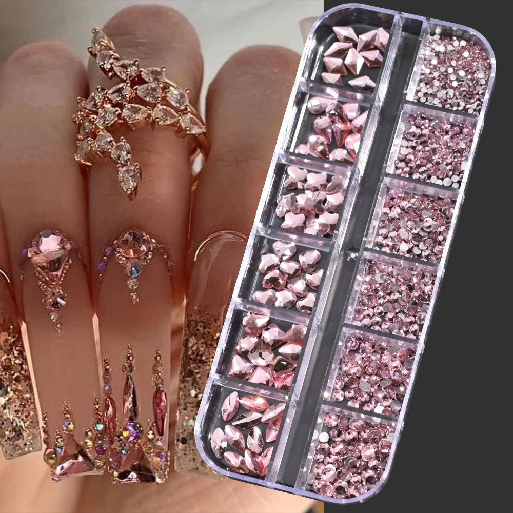 12Gird 3D Glas AB Kristall Nail Art Strass Kit Flatback Runde Perle Charm Edelsteine Schmuck Diamant mit Werkzeugen für Nail Art