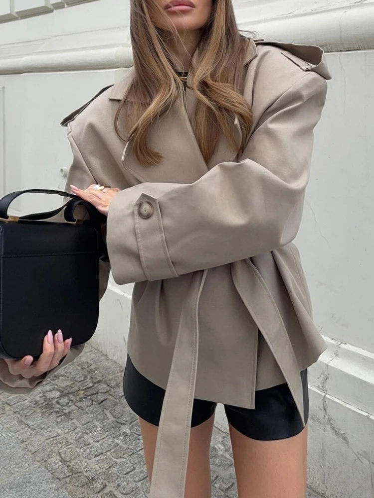 Vintage solide mince femmes coupe-vent col rabattu à manches longues à lacets taille cintrée vestes nouveau Chic dame manteaux haut